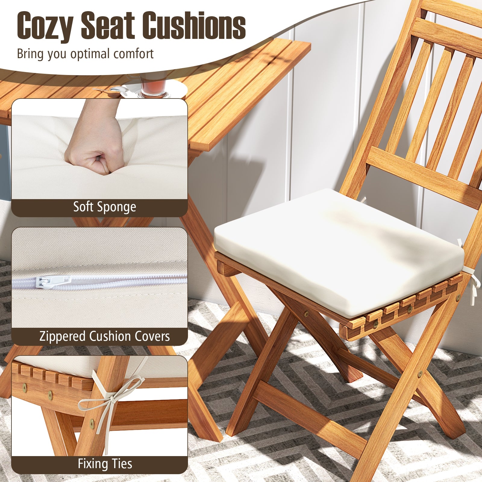 Outdoor Wood Bistro Set, With Soft Seat Cushions And Table, White Patio Conversation Sets at Gallery Canada