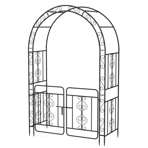 Garden Arbor With Gate, Multiple Side Crossbars, 4 Sharp Ground Stakes, Black