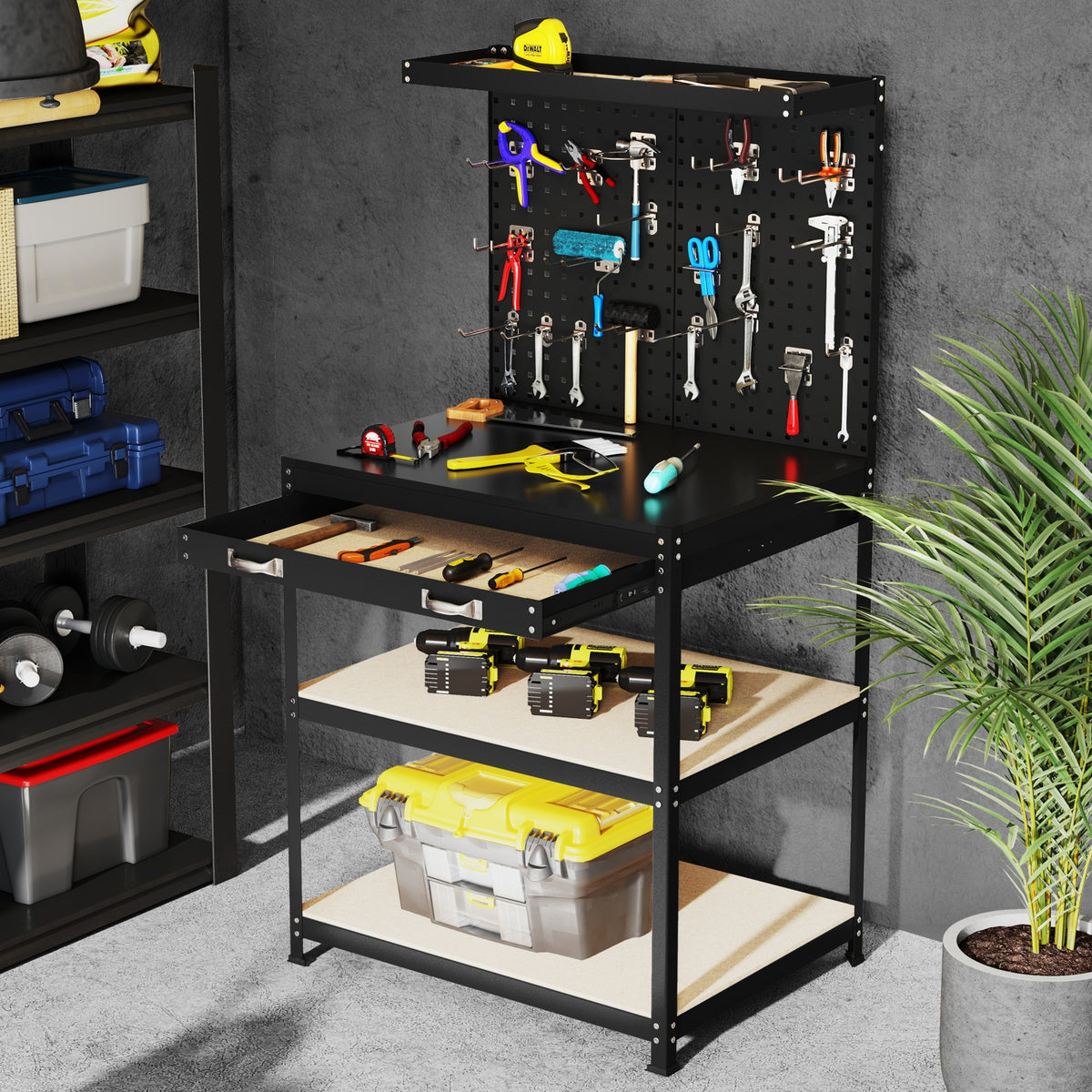 32 x 16 Inch Workbench Table, With Pegboard Drawer and Shelves, Black Garages at Gallery Canada