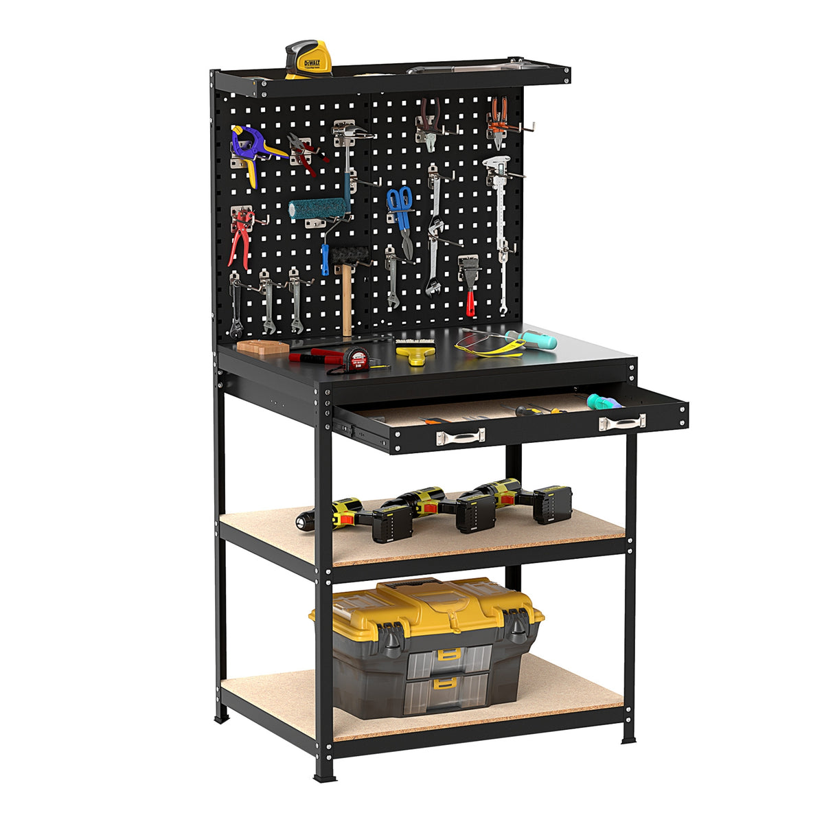 32 x 16 Inch Workbench Table, With Pegboard Drawer and Shelves, Black Garages at Gallery Canada