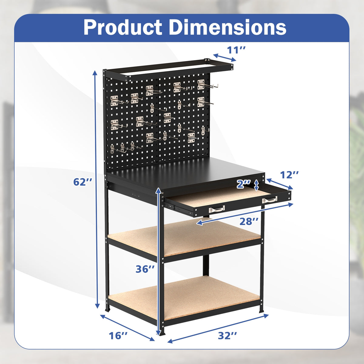 32 x 16 Inch Workbench Table, With Pegboard Drawer and Shelves, Black Garages at Gallery Canada