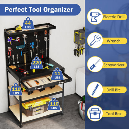 32 x 16 Inch Workbench Table, With Pegboard Drawer and Shelves, Black Garages at Gallery Canada
