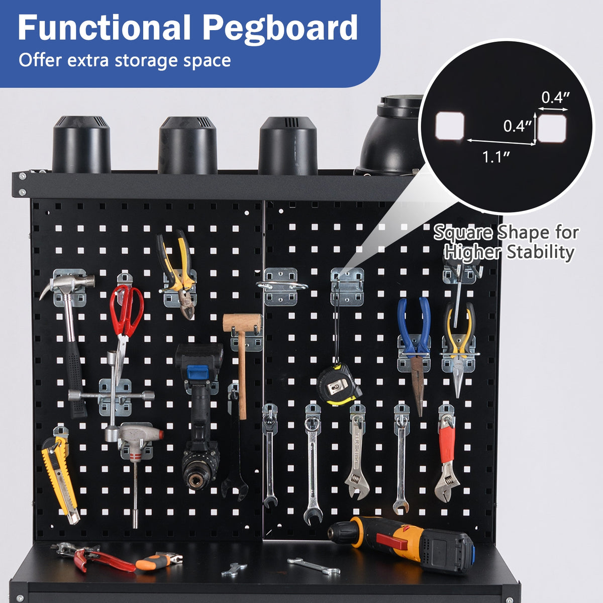 32 x 16 Inch Workbench Table, With Pegboard Drawer and Shelves, Black Garages at Gallery Canada