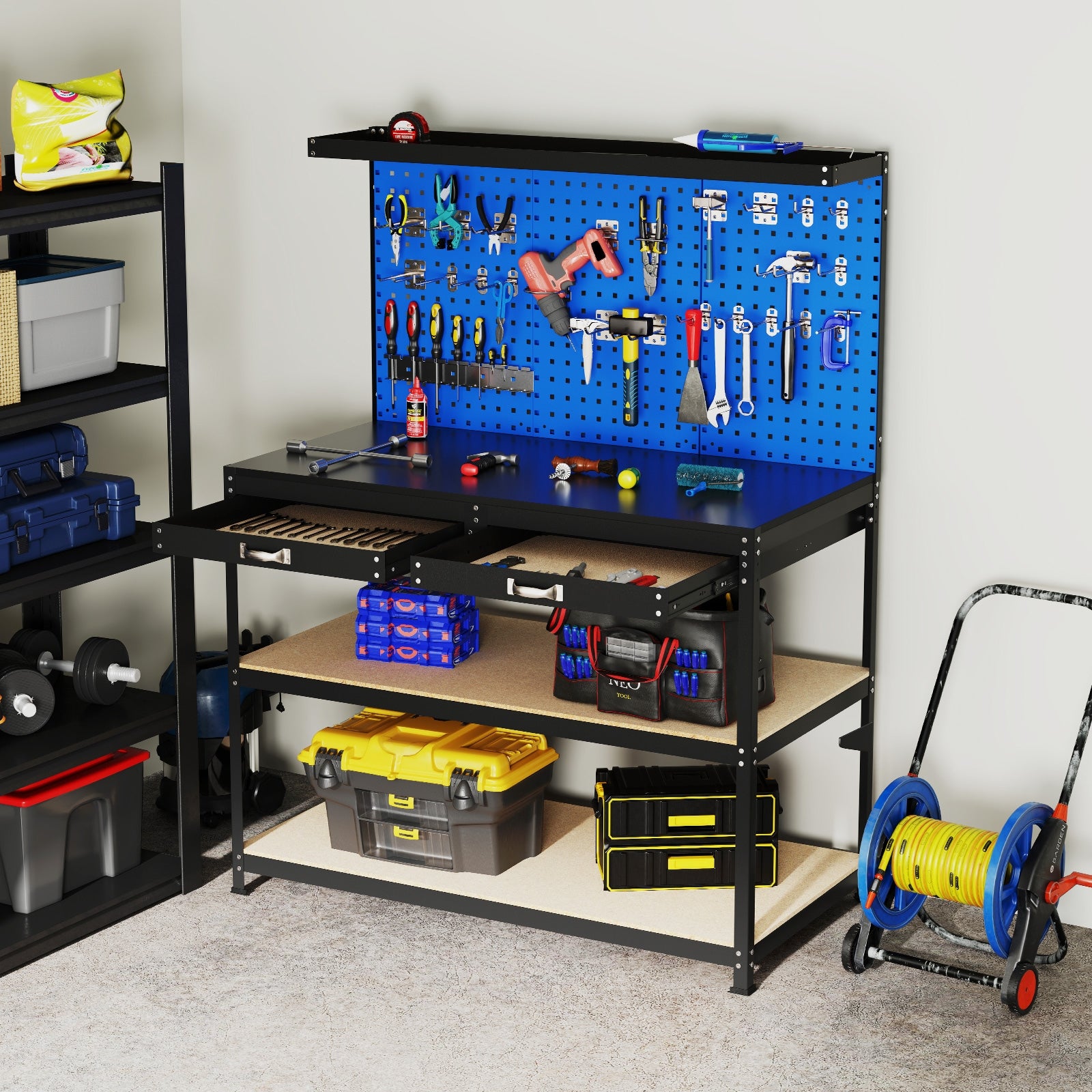 48 x 24 Inch Workbench, With Pegboard Drawer and Shelves, Navy Garages at Gallery Canada