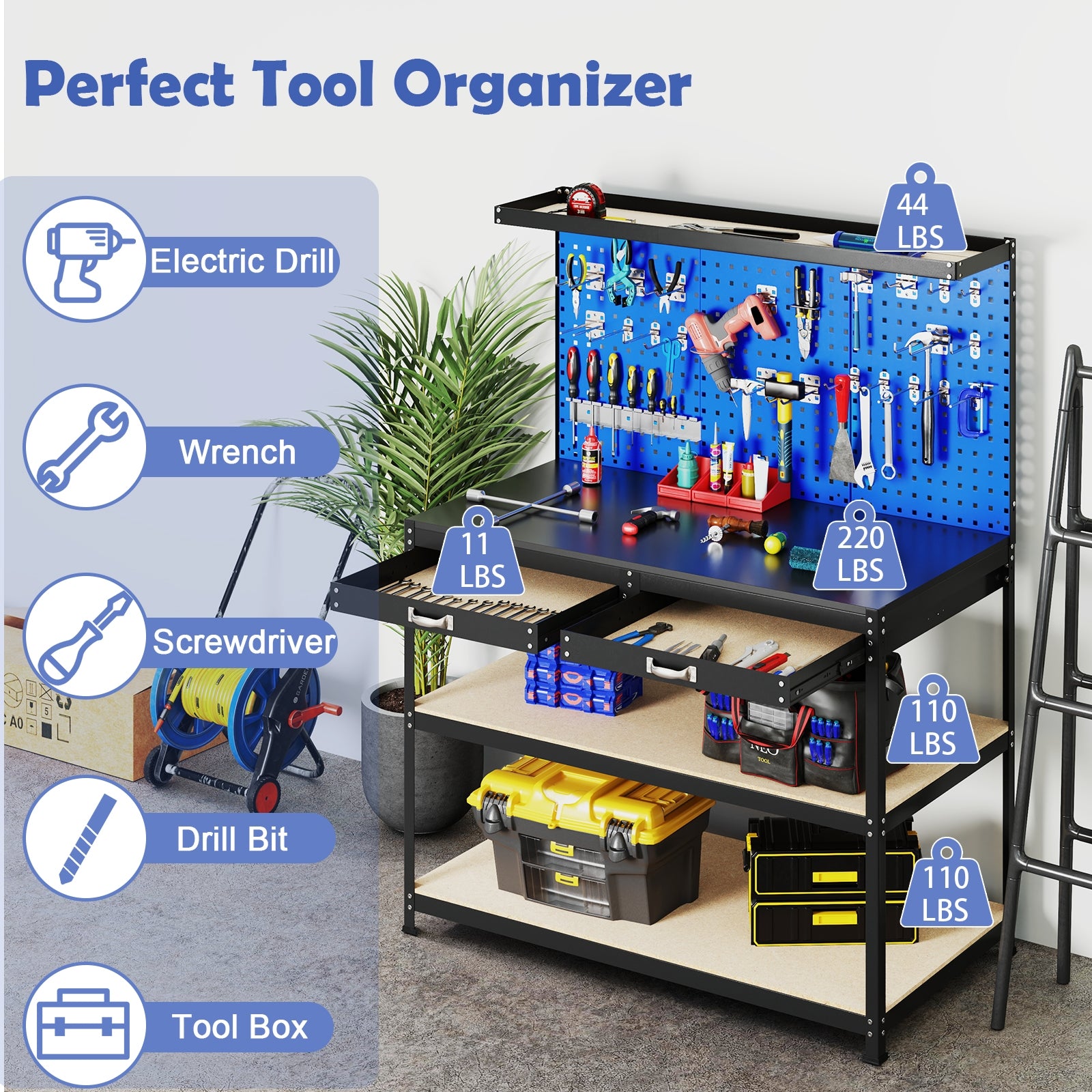 48 x 24 Inch Workbench, With Pegboard Drawer and Shelves, Navy Garages at Gallery Canada