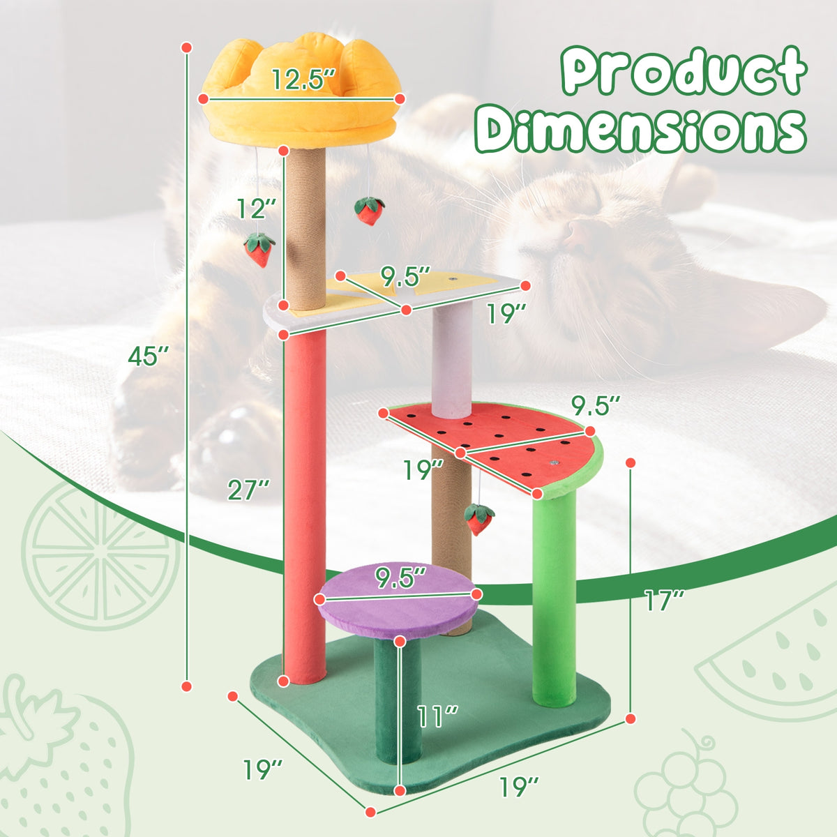 45 Inch Multi-Level Cat Tree, Plush Padded Perch, Fruit Platforms, Multicolor Cat Trees Condos & Scratchers at Gallery Canada