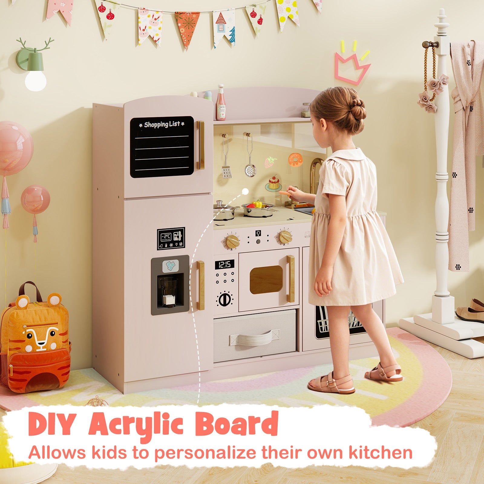 Kids Kitchen Playset With Chalkboard, Ice Maker, Microwave, Pink Play Kitchen Sets at Gallery Canada