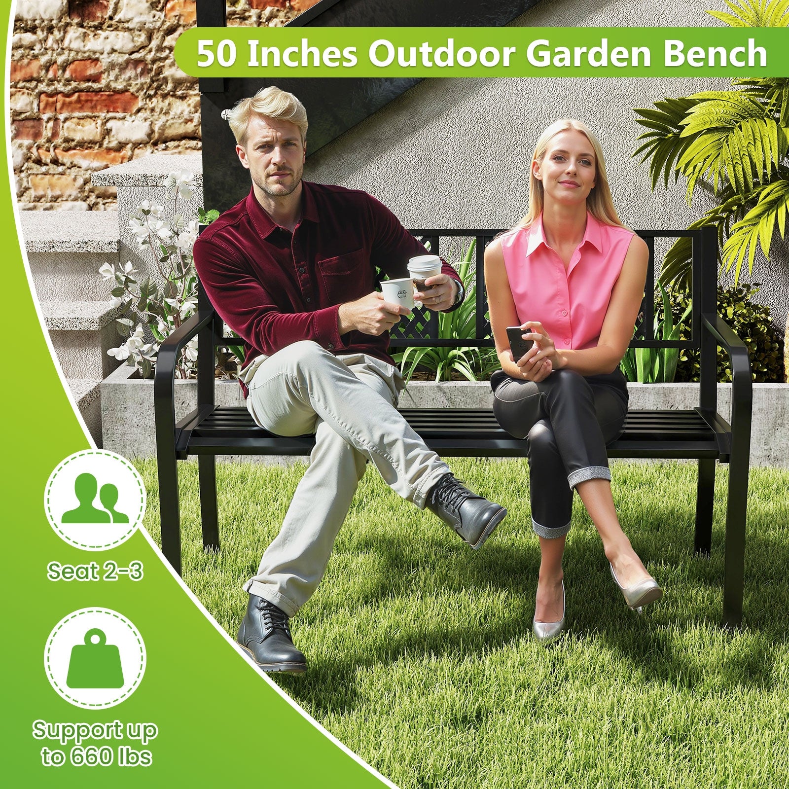Outdoor Metal Loveseat Patio Bench, 2-3 Person, Black Outdoor Benches at Gallery Canada
