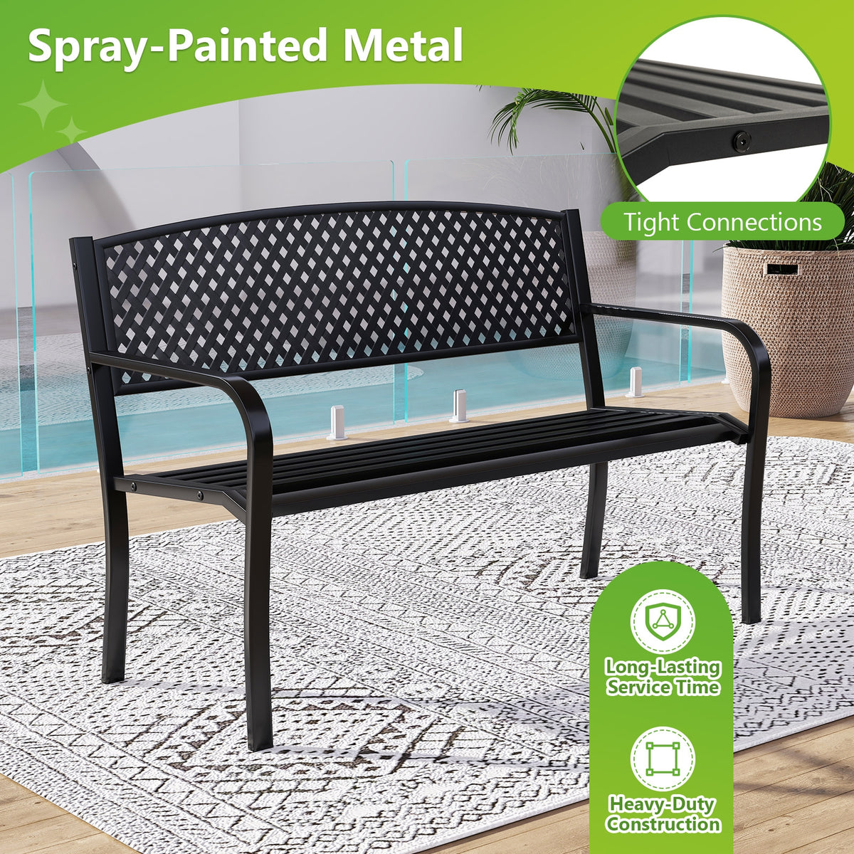 Metal Outdoor Bench, High Back, 2-3 Person, Black Outdoor Benches at Gallery Canada