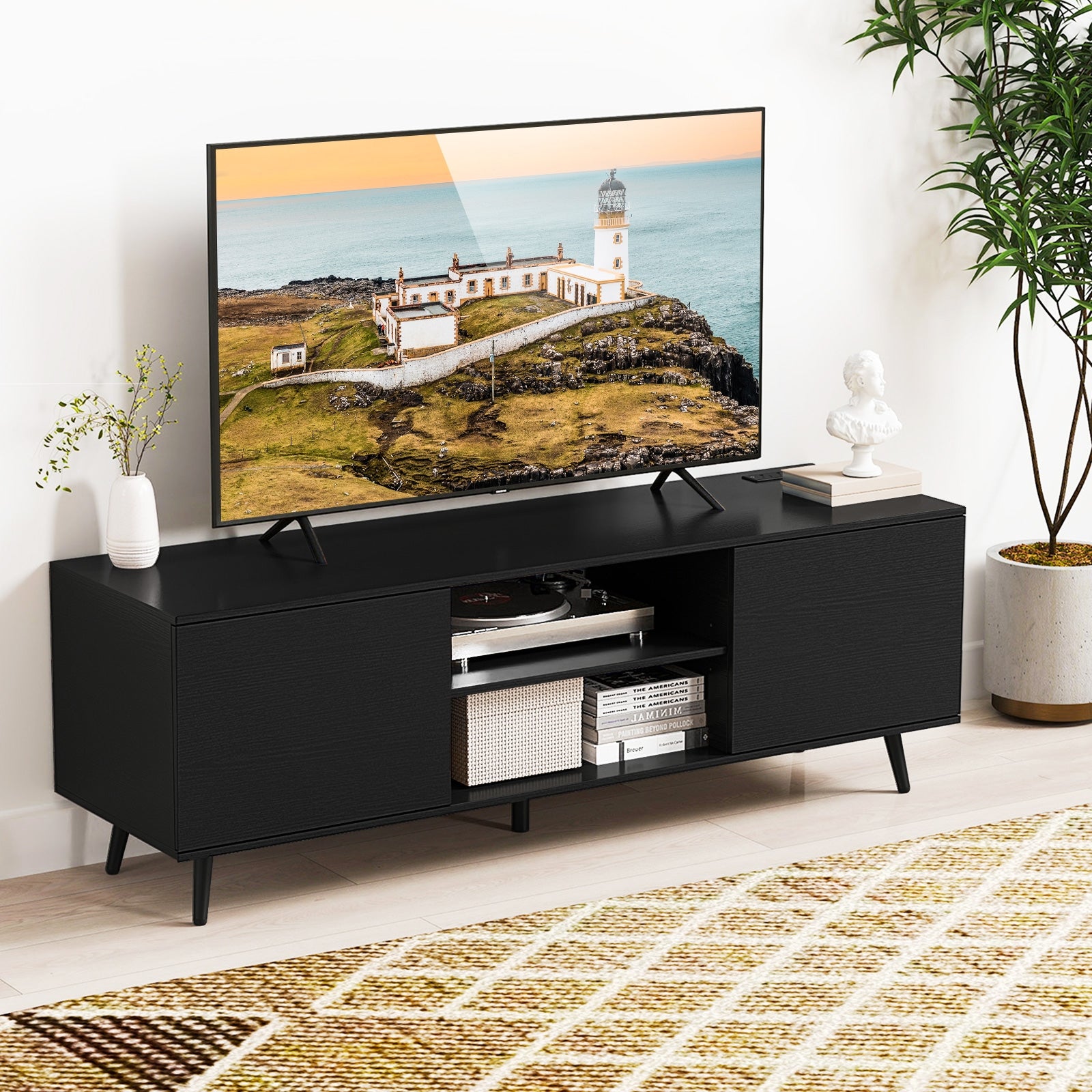 TV Stand With Power Outlets, Adjustable Shelf, 60 Inch, Black Entertainment Centers & TV Stands at Gallery Canada