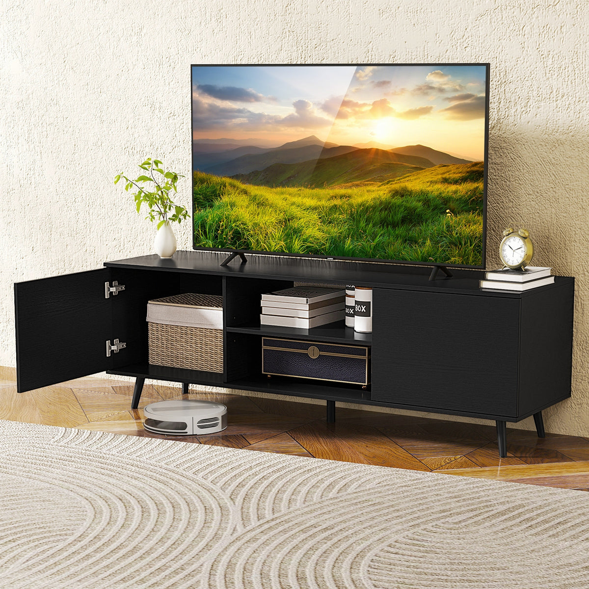 TV Stand With Power Outlets, Adjustable Shelf, 60 Inch, Black Entertainment Centers & TV Stands at Gallery Canada