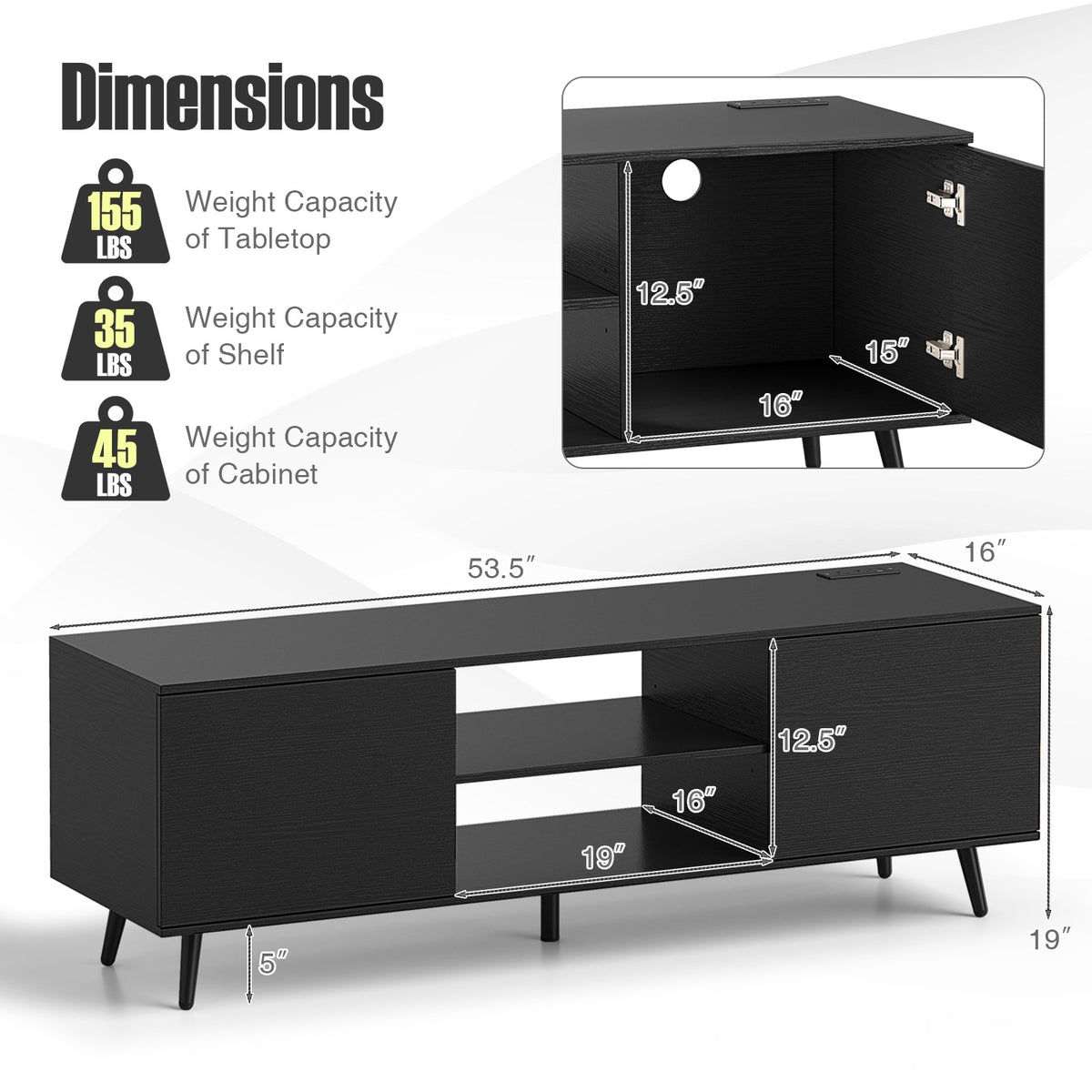 TV Stand With Power Outlets, Adjustable Shelf, 60 Inch, Black Entertainment Centers & TV Stands at Gallery Canada