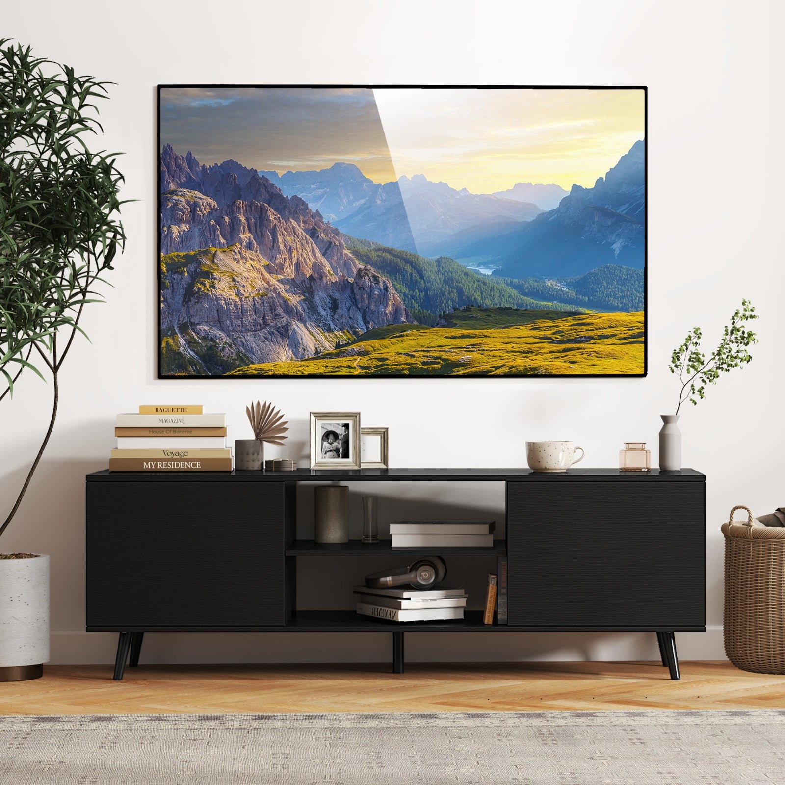 TV Stand With Power Outlets, Adjustable Shelf, 60 Inch, Black Entertainment Centers & TV Stands at Gallery Canada