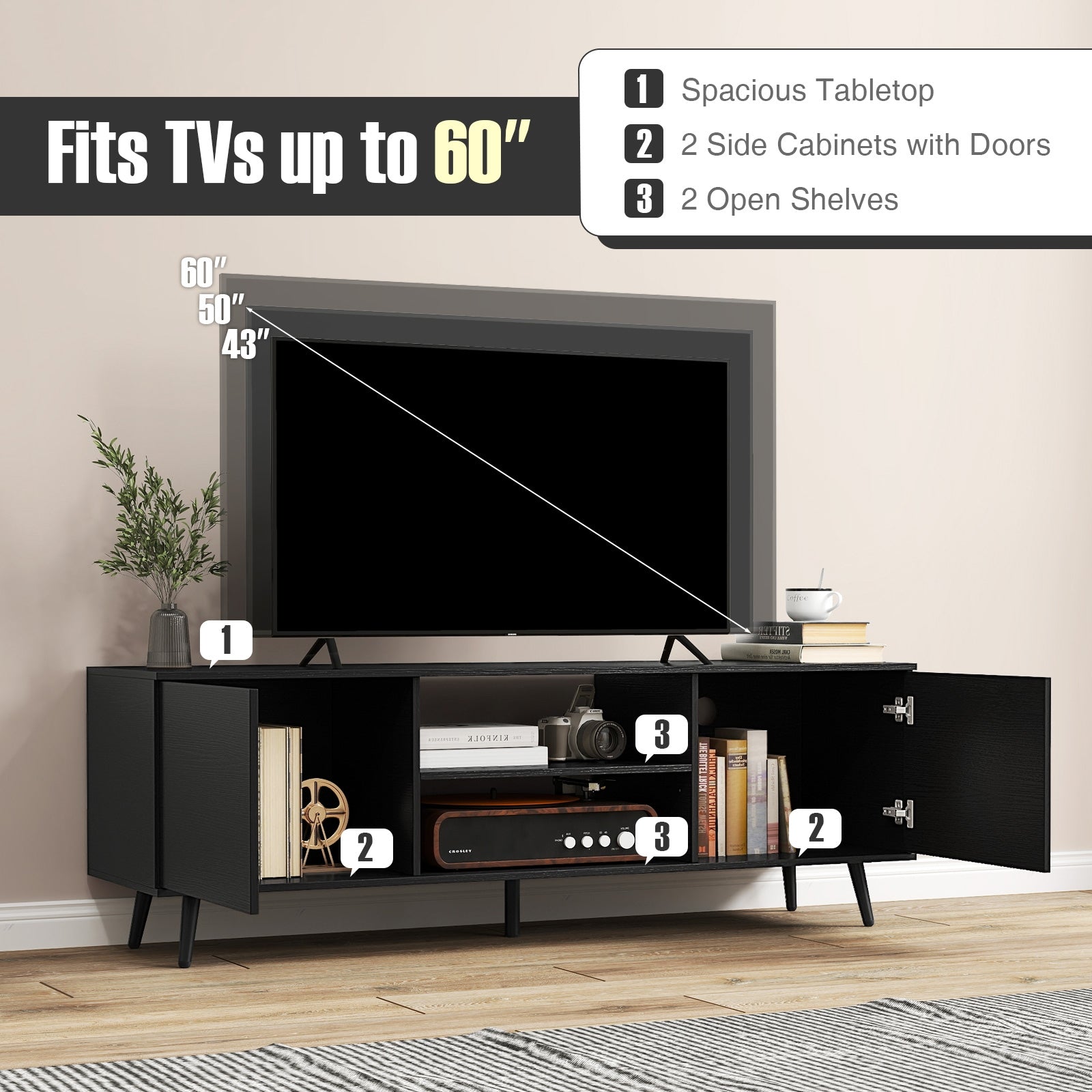 TV Stand With Power Outlets, Adjustable Shelf, 60 Inch, Black Entertainment Centers & TV Stands at Gallery Canada