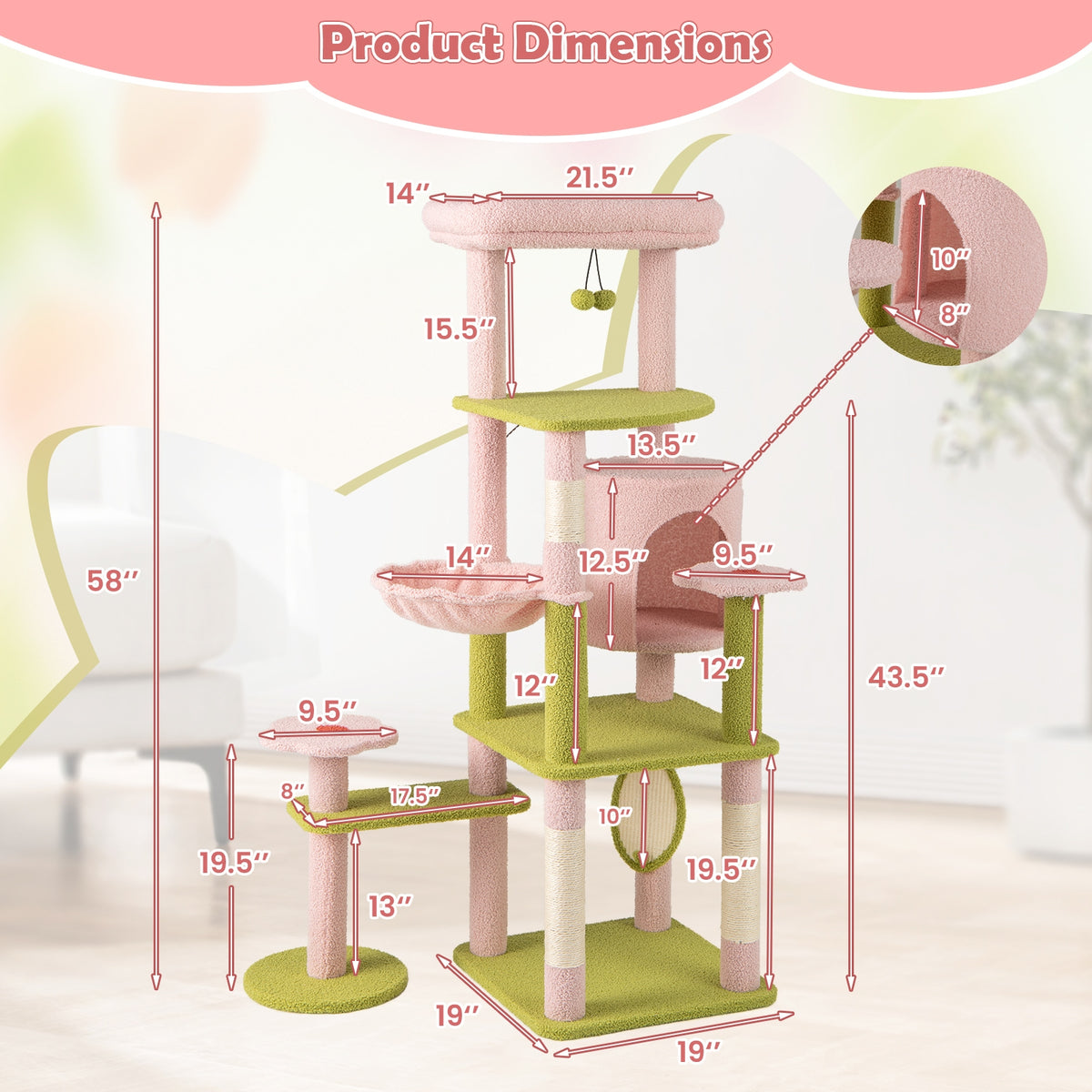 58 Inch Tall Multi-Level Cat Tree, Kitten Tower, Pink Cat Trees Condos & Scratchers at Gallery Canada