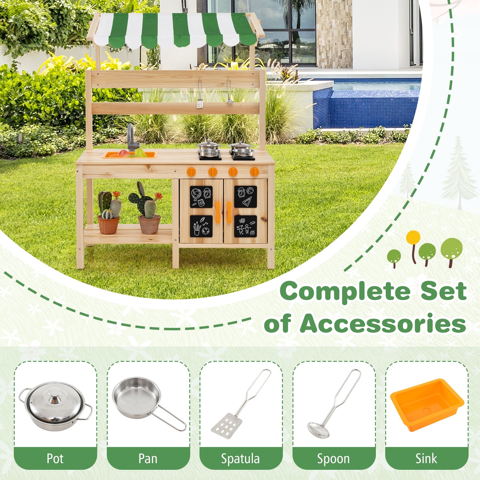 Fir Wood Mud Kitchen With Canopy, Sink, 4 Stoves, Natural Play Kitchen Sets at Gallery Canada