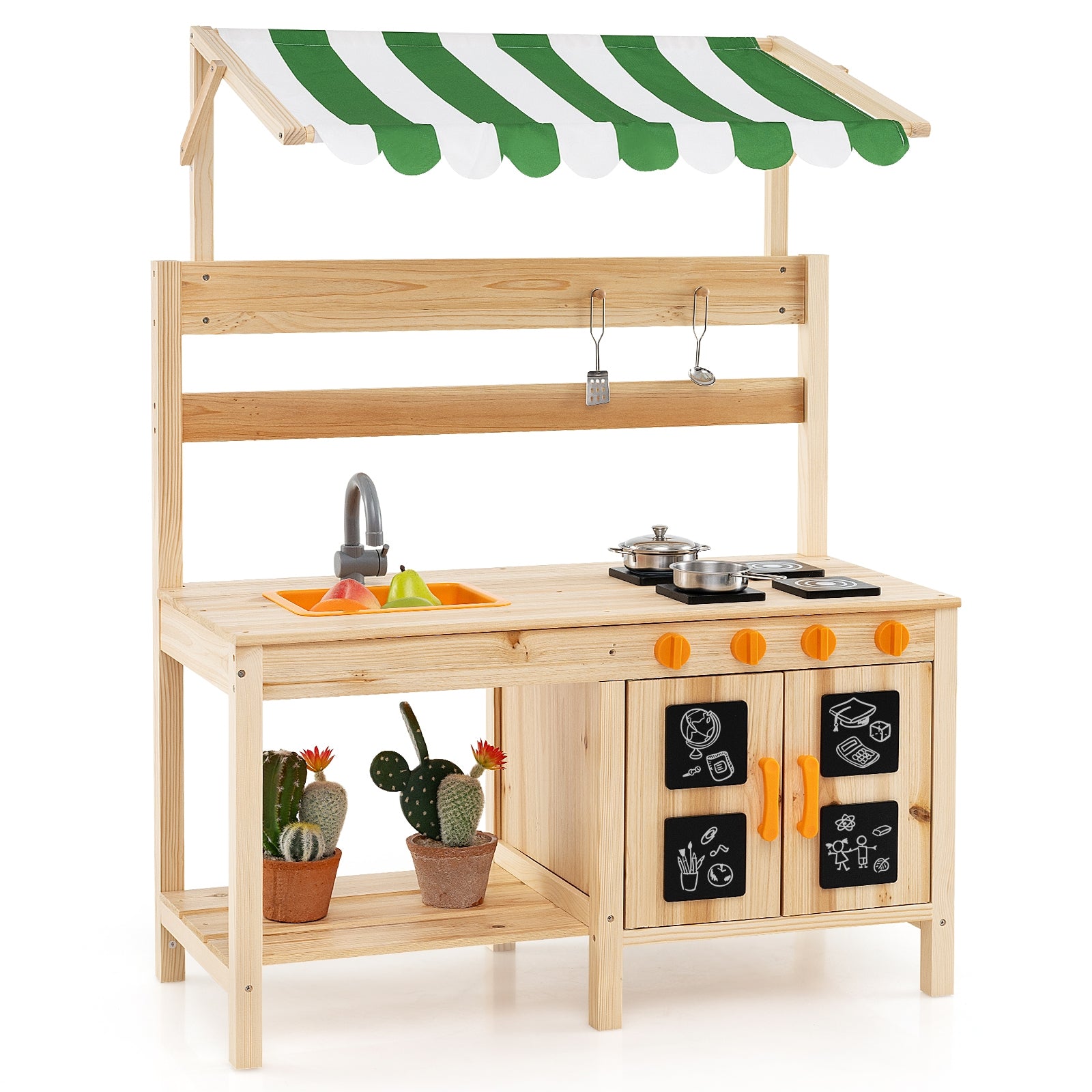 Fir Wood Mud Kitchen With Canopy, Sink, 4 Stoves, Natural Play Kitchen Sets at Gallery Canada