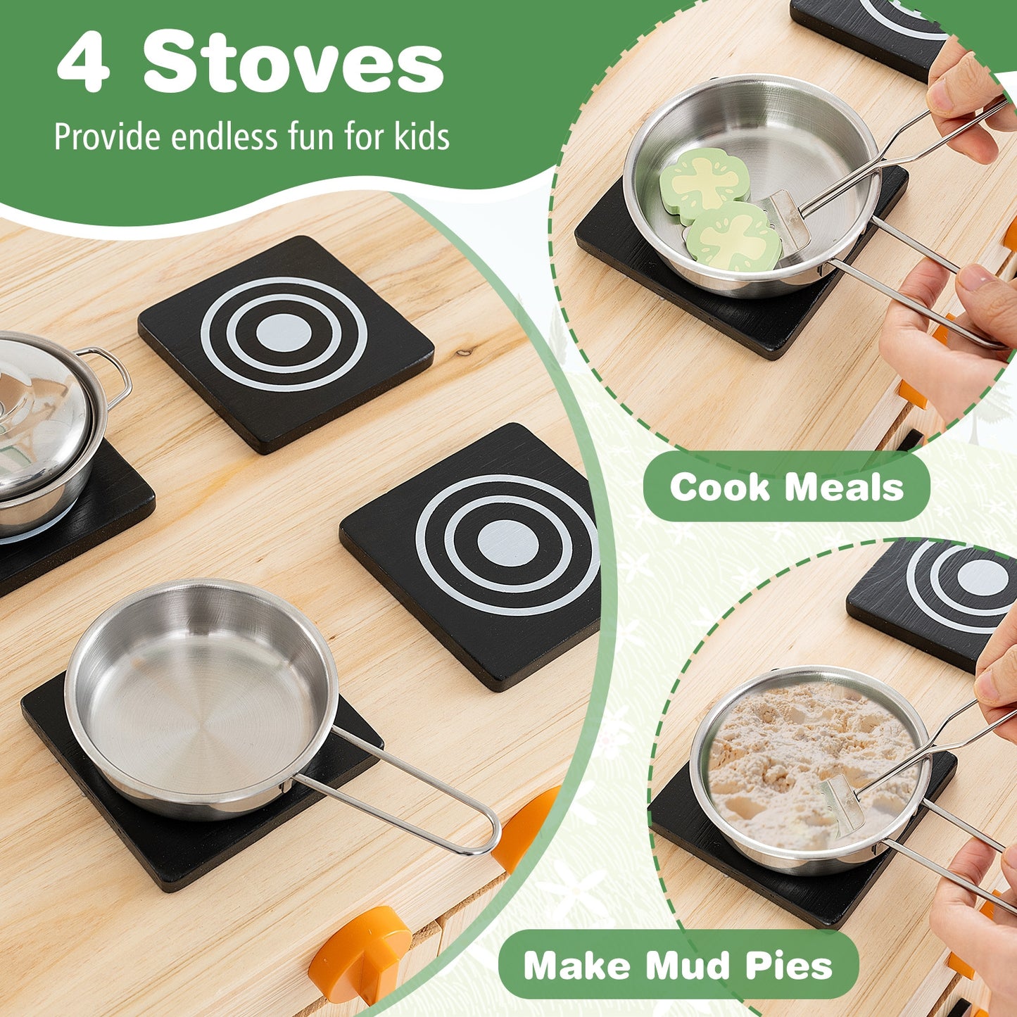 Fir Wood Mud Kitchen With Canopy, Sink, 4 Stoves, Natural Play Kitchen Sets at Gallery Canada