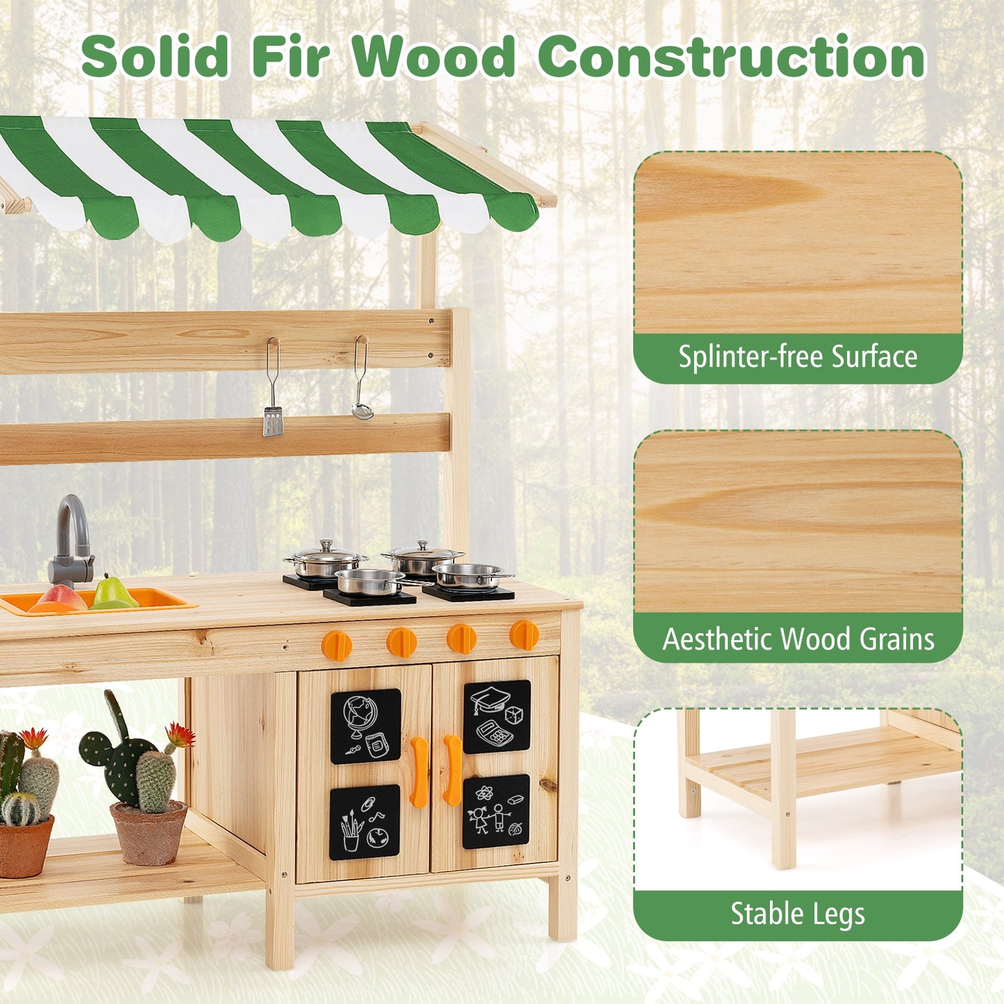 Fir Wood Mud Kitchen With Canopy, Sink, 4 Stoves, Natural Play Kitchen Sets at Gallery Canada