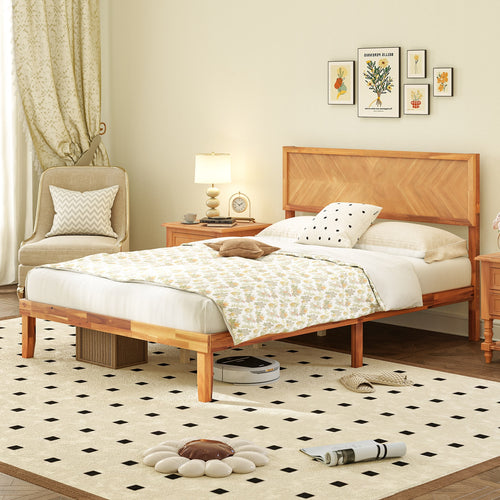 Full Size Bed Frame With Headboard And Storage, Natural