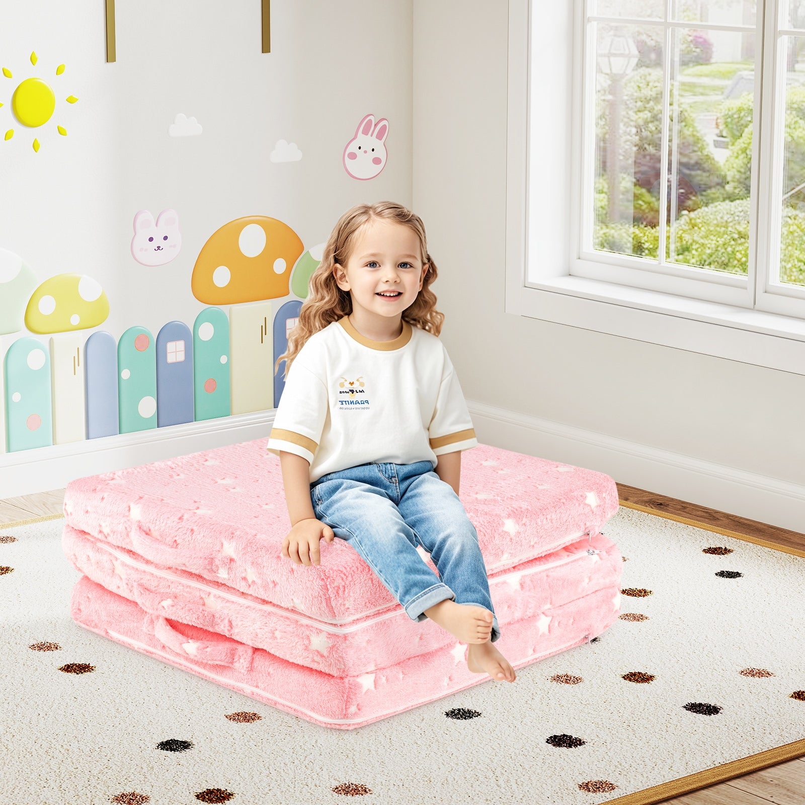 Foldable Kids Floor Mattress, Washable Flannel Cover, Pink Mattresses at Gallery Canada