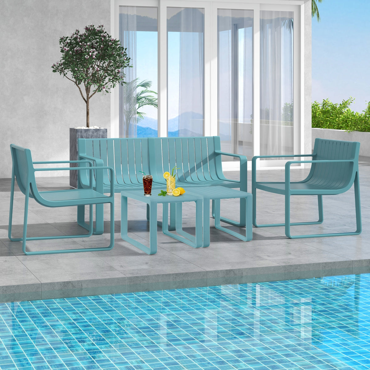 Weather-Resistant Plastic Bench, 2-Person, Curved Backrest, Blue Outdoor Benches at Gallery Canada