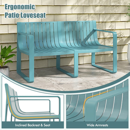 Weather-Resistant Plastic Bench, 2-Person, Curved Backrest, Blue Outdoor Benches at Gallery Canada