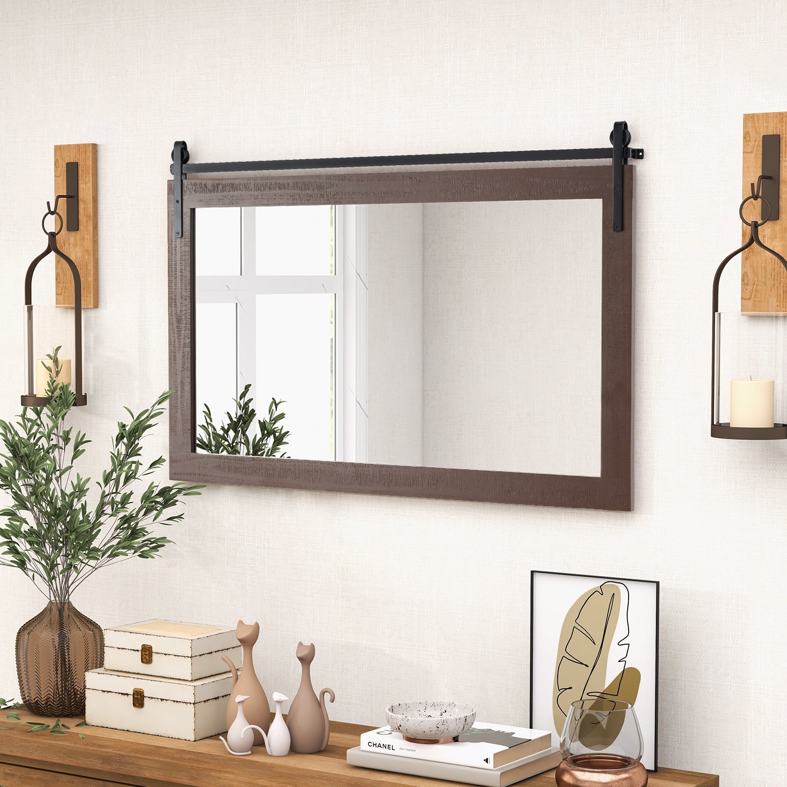 Rectangle Barn Door Wall Mirror, Solid Wood Frame, Walnut Wall Mirrors at Gallery Canada