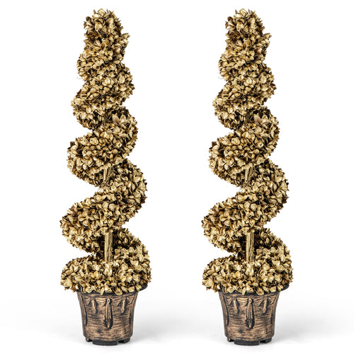 4 FT Artificial Spiral Topiary Tree Set, Vintage Plastic Pot, Gold