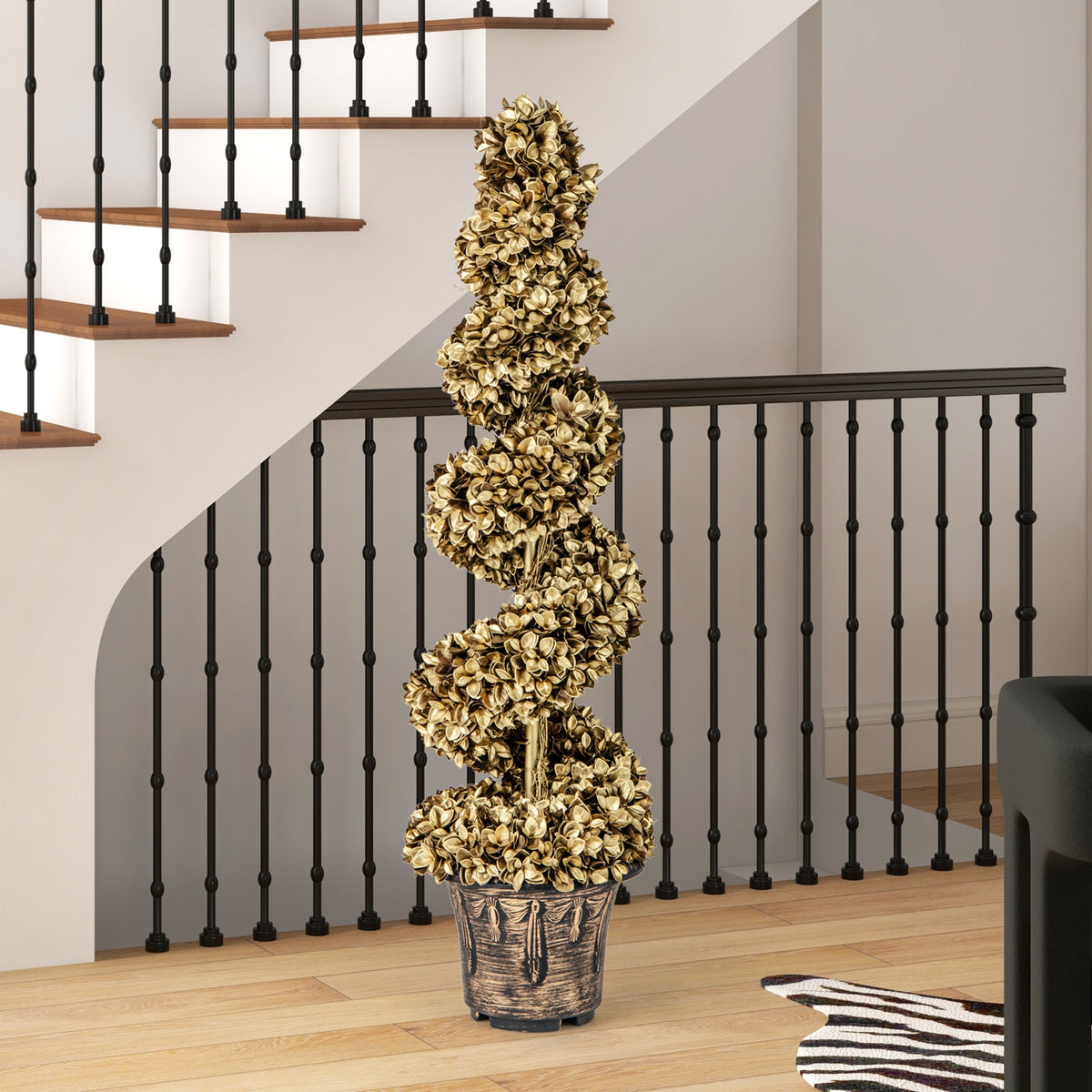4 FT Artificial Spiral Topiary Tree Set, Vintage Plastic Pot, Gold Faux Plants at Gallery Canada