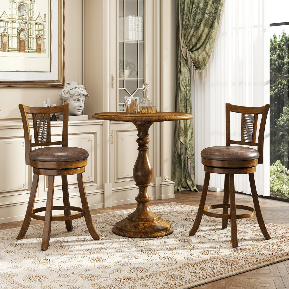 25 Inch Bar Stools Set of 2, PE Rattan Backrest, Rubber Wood Frame, Brown Bar Stools at Gallery Canada