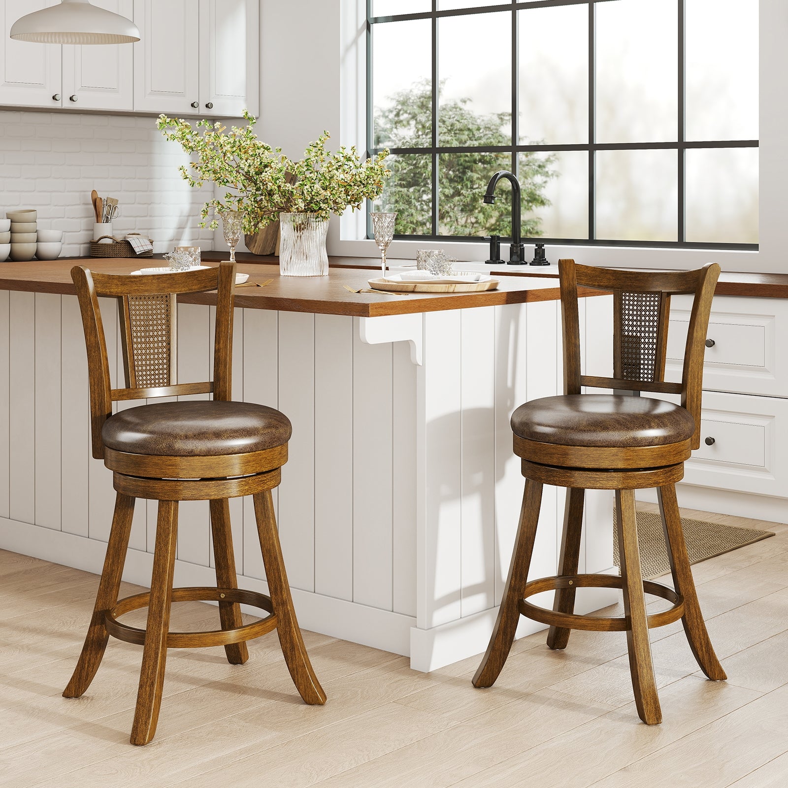 25 Inch Bar Stools Set of 2, PE Rattan Backrest, Rubber Wood Frame, Brown Bar Stools at Gallery Canada