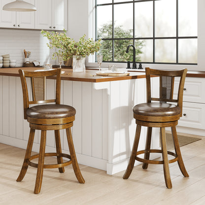 25 Inch Bar Stools Set of 2, PE Rattan Backrest, Rubber Wood Frame, Brown Bar Stools at Gallery Canada