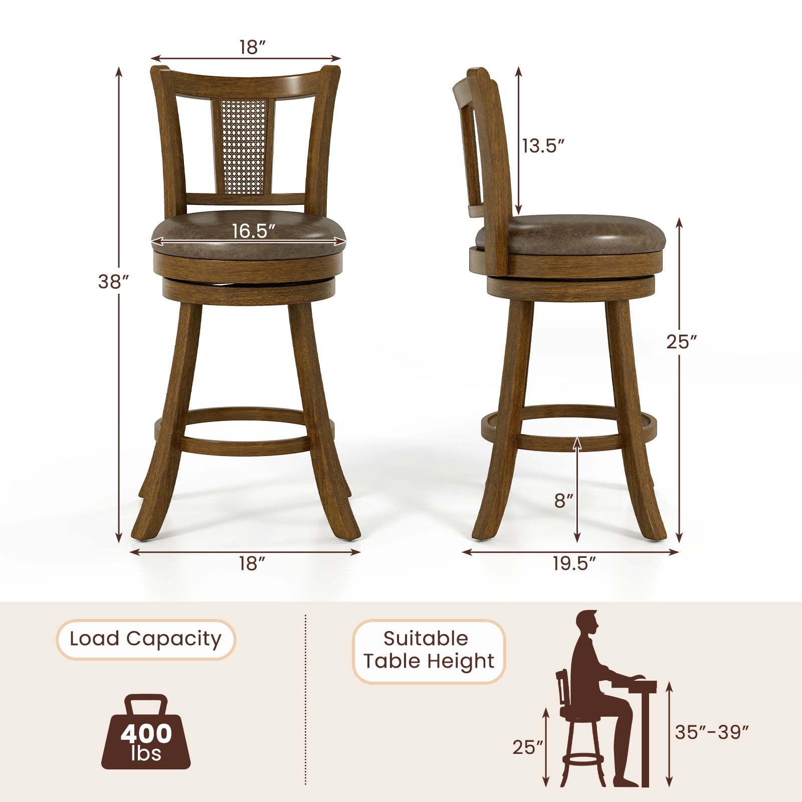 25 Inch Bar Stools Set of 2, PE Rattan Backrest, Rubber Wood Frame, Brown Bar Stools at Gallery Canada