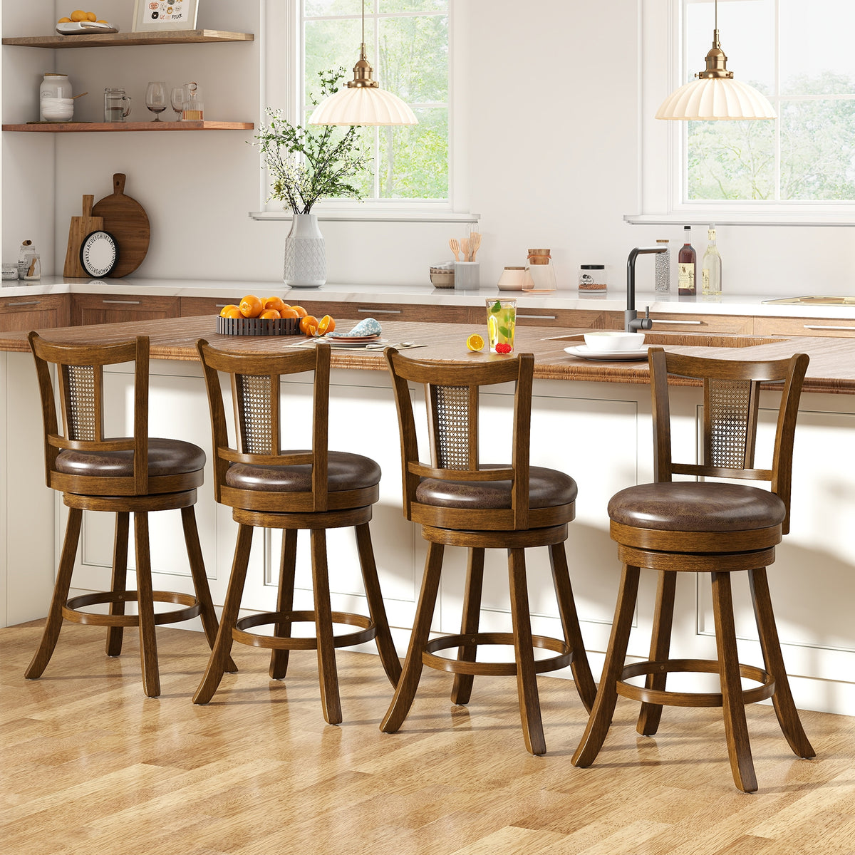 25 Inch Bar Stools Set of 2, PE Rattan Backrest, Rubber Wood Frame, Brown Bar Stools at Gallery Canada