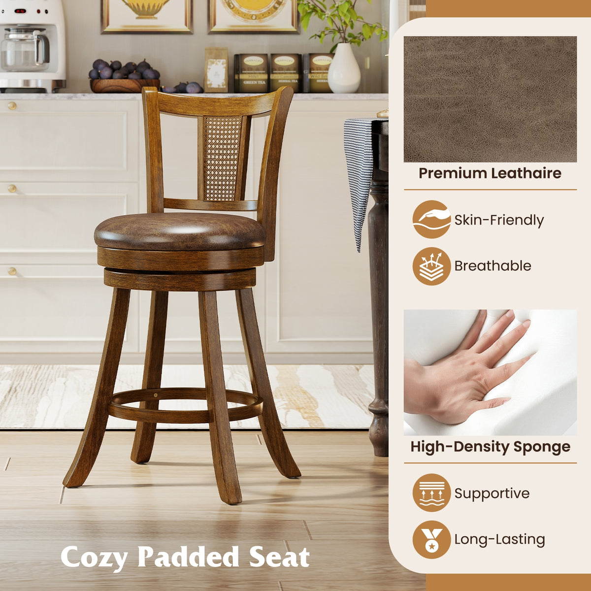 25 Inch Bar Stools Set of 2, PE Rattan Backrest, Rubber Wood Frame, Brown Bar Stools at Gallery Canada