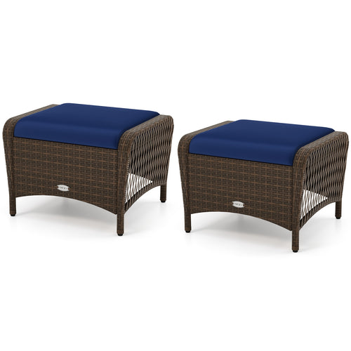 Outdoor Patio PE Wicker Ottomans, Set of 2, Removable Cushions, Navy