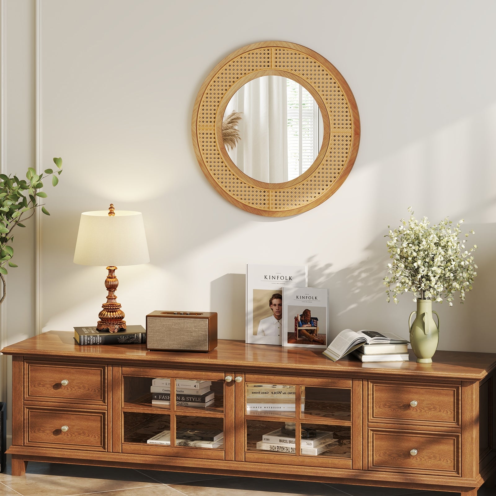 25.5 Inch Round Wall Mirror, Wooden Frame, Natural Wall Mirrors at Gallery Canada
