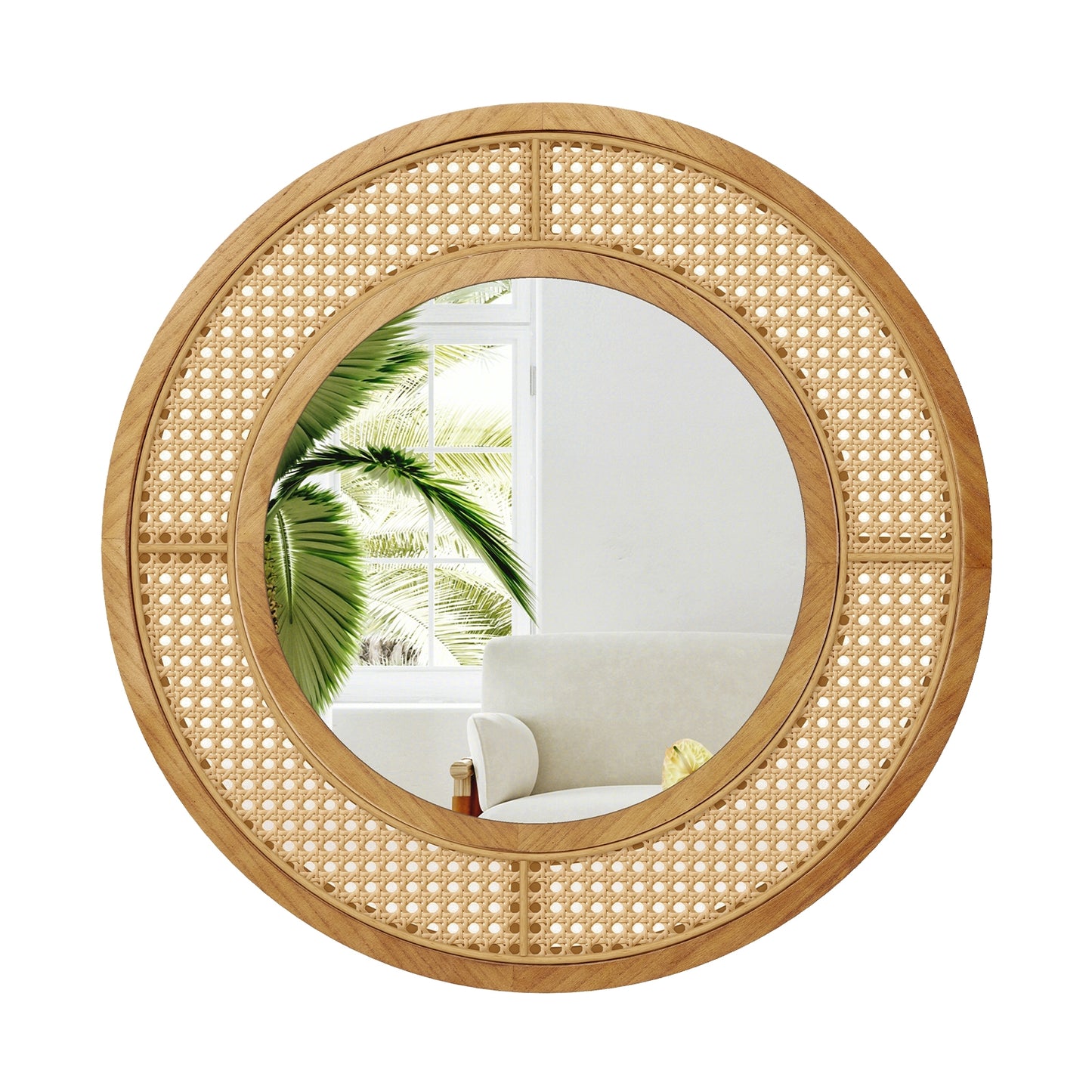 25.5 Inch Round Wall Mirror, Wooden Frame, Natural Wall Mirrors Natural at Gallery Canada