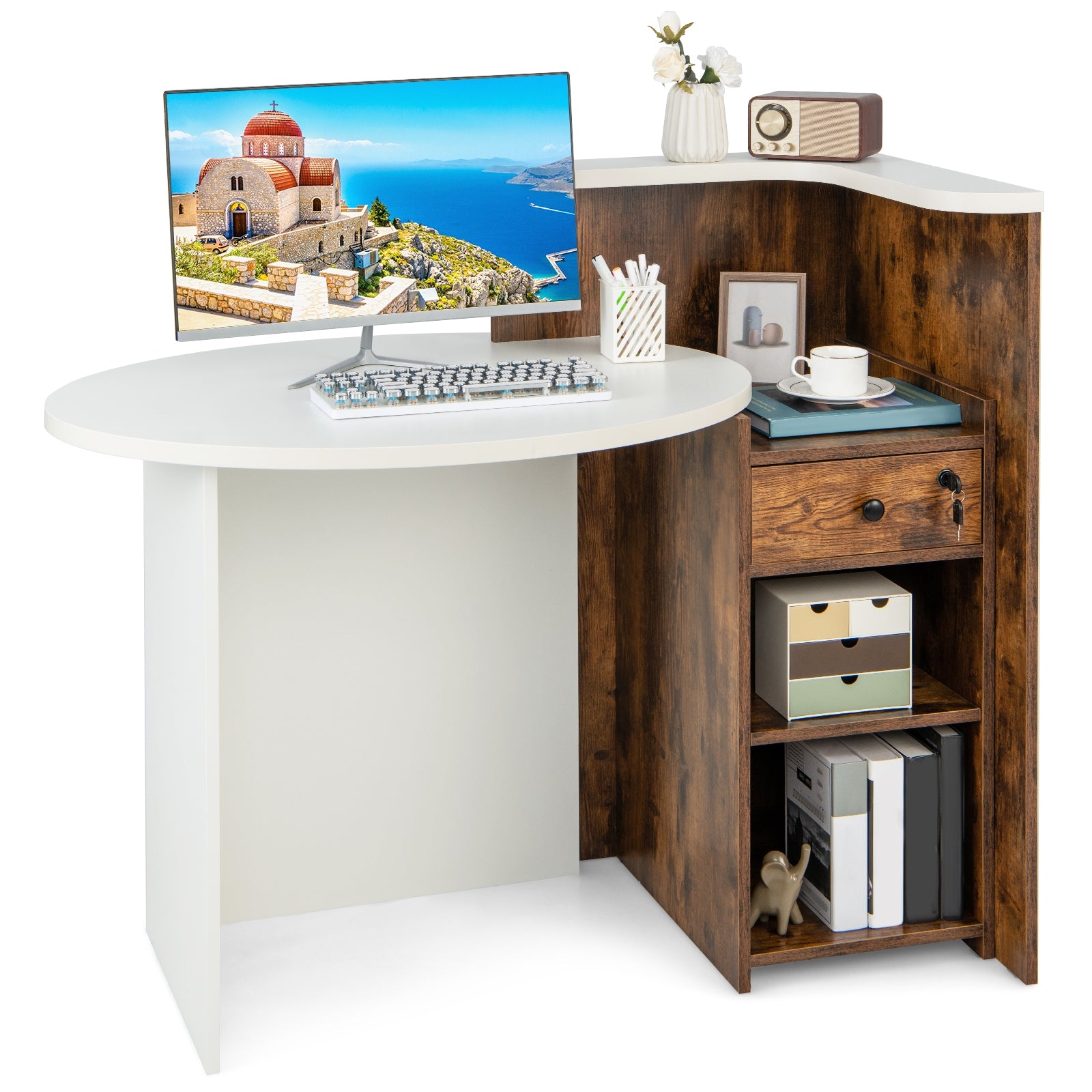 Front Reception Office Desk, Open Shelf And Drawer, White, Brown Computer Desks at Gallery Canada