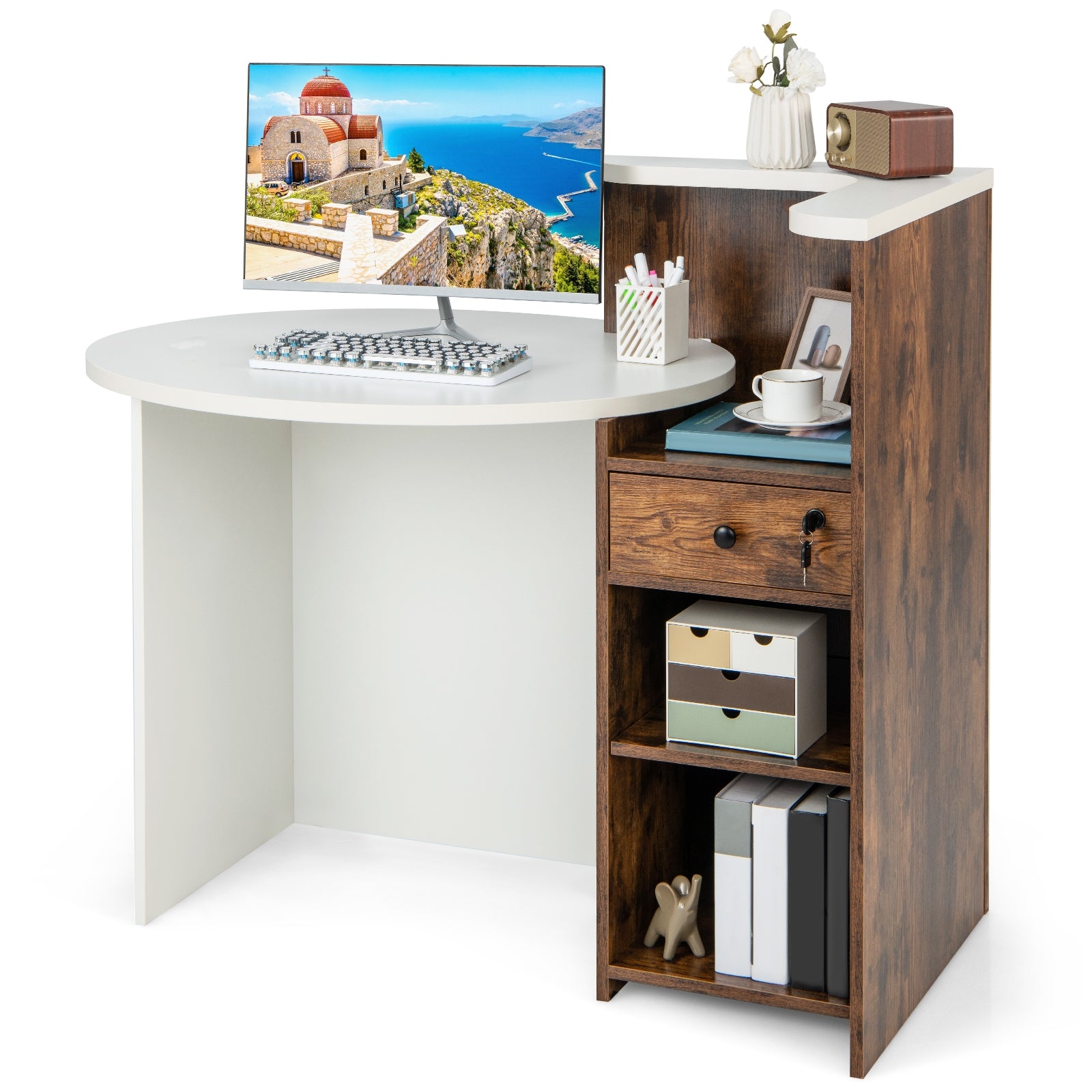 Front Reception Office Desk, Open Shelf And Drawer, White, Brown Computer Desks at Gallery Canada