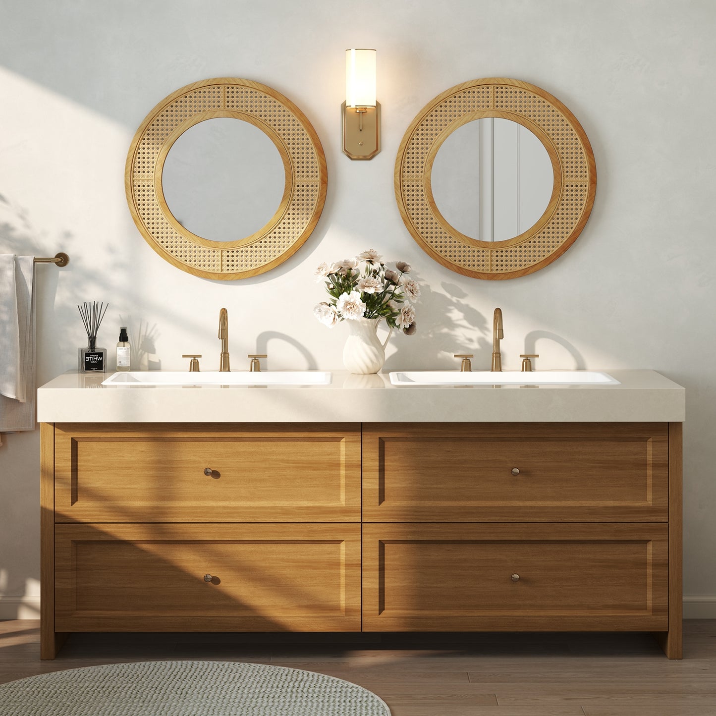 25.5 Inch Round Wall Mirror, Wooden Frame, Natural Wall Mirrors at Gallery Canada