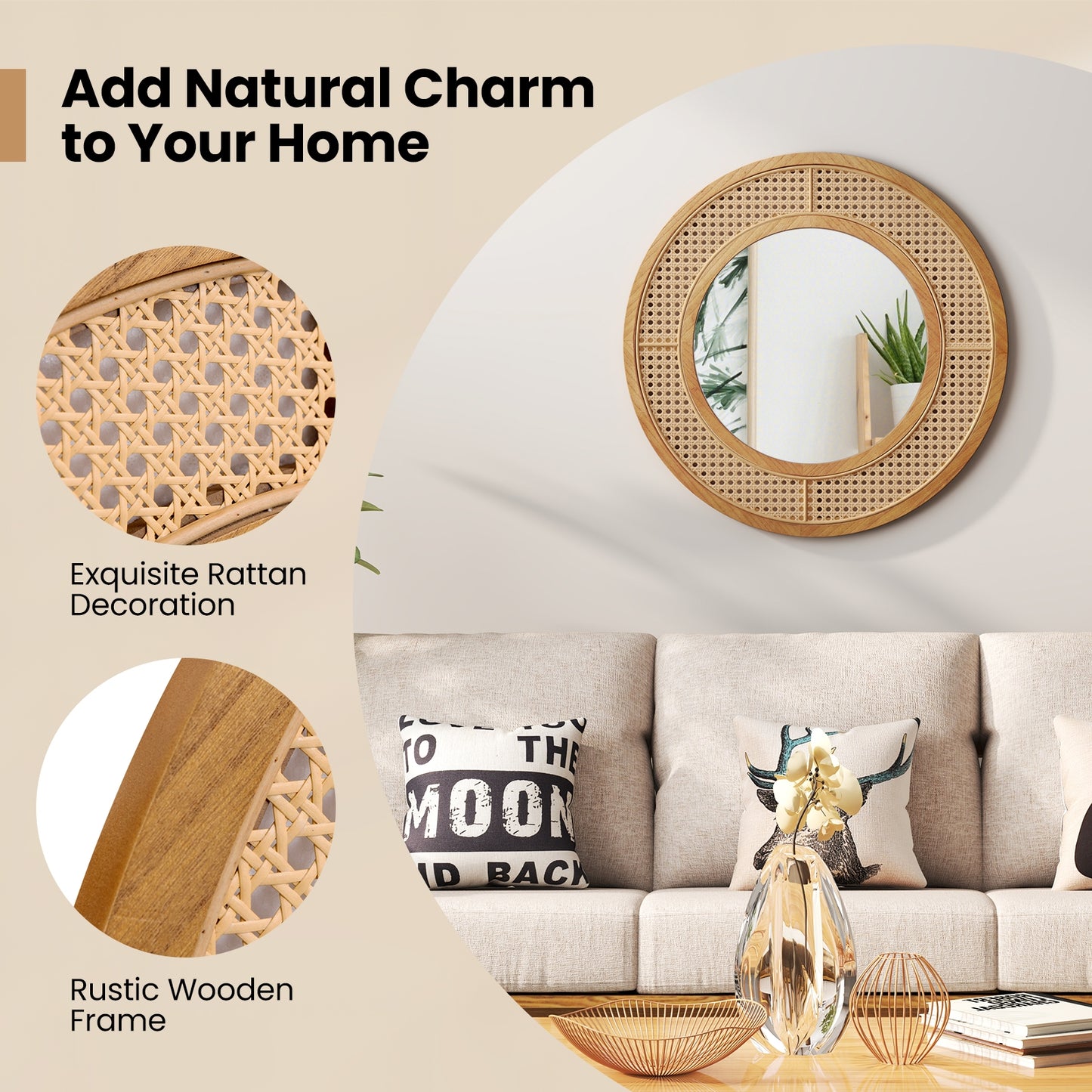 25.5 Inch Round Wall Mirror, Wooden Frame, Natural Wall Mirrors at Gallery Canada