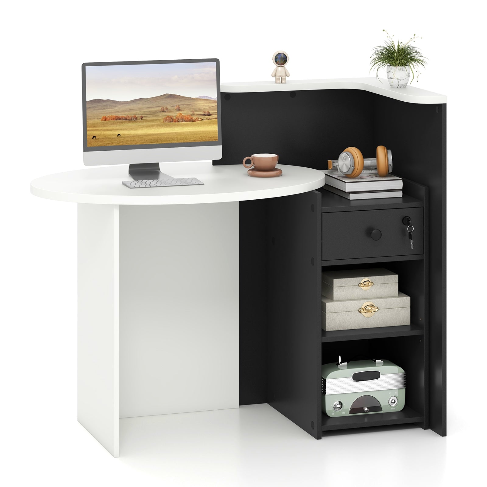 Front Reception Office Desk, Open Shelf And Drawer, White, Black Computer Desks Black & White at Gallery Canada