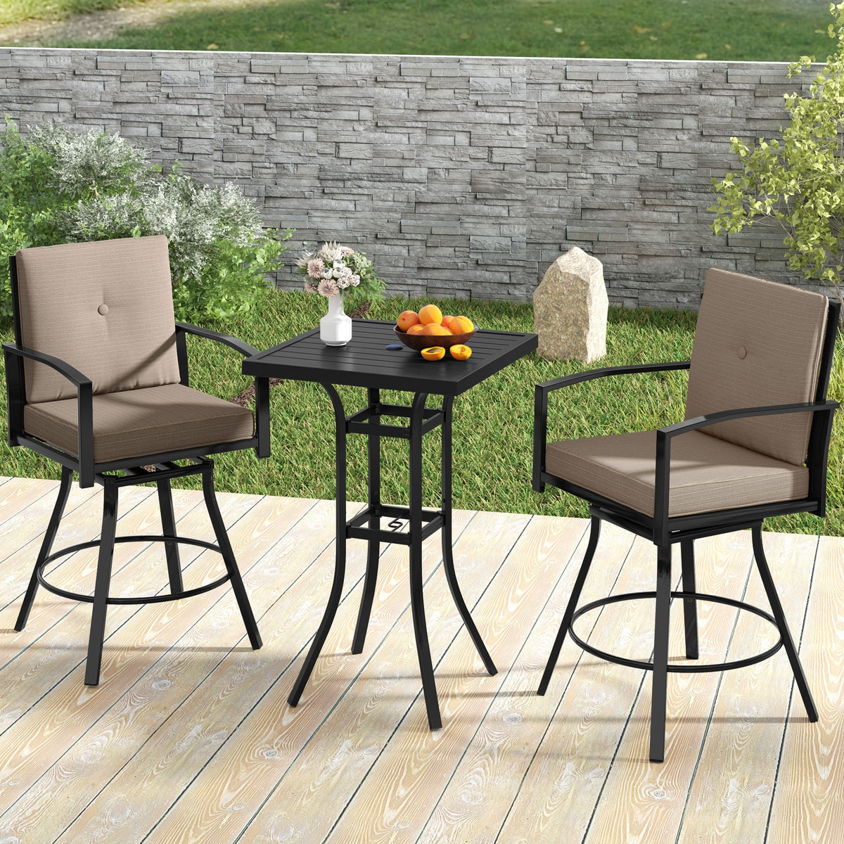 3 Piece Patio Swivel Bar Set, Soft Cushions, Umbrella Hole, Brown Patio Bar Furniture at Gallery Canada