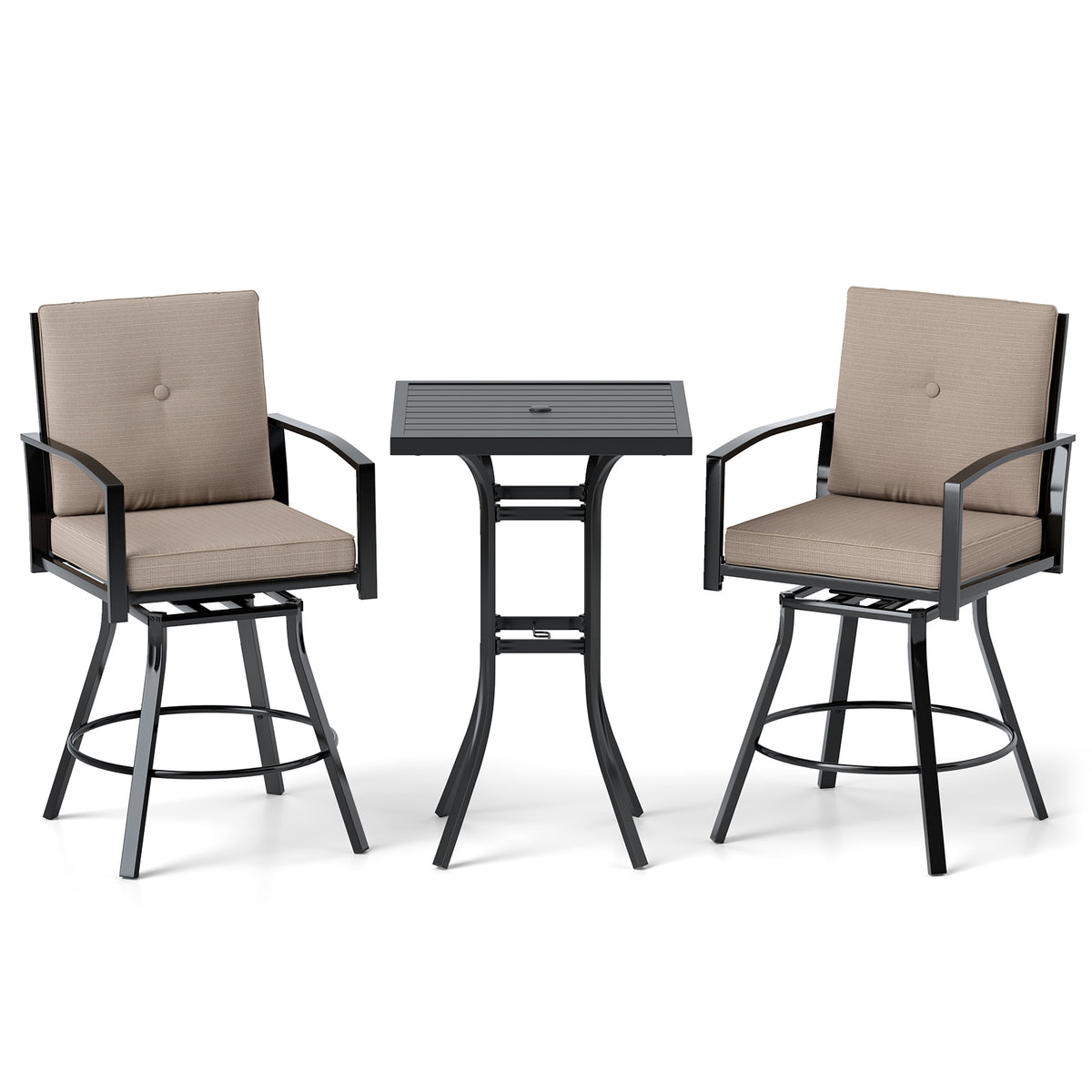 3 Piece Patio Swivel Bar Set, Soft Cushions, Umbrella Hole, Brown Patio Bar Furniture Brown at Gallery Canada