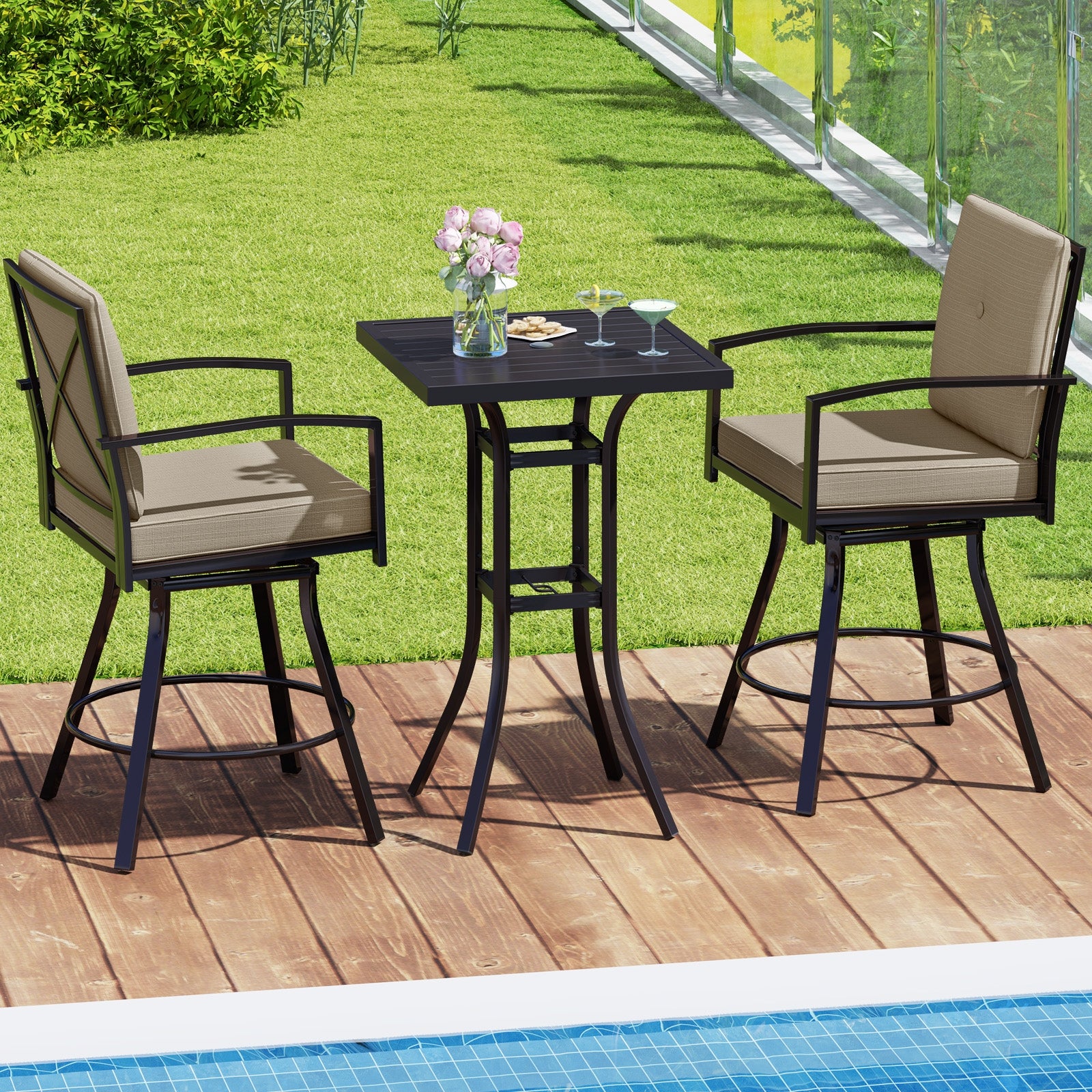3 Piece Patio Swivel Bar Set, Soft Cushions, Umbrella Hole, Brown Patio Bar Furniture at Gallery Canada