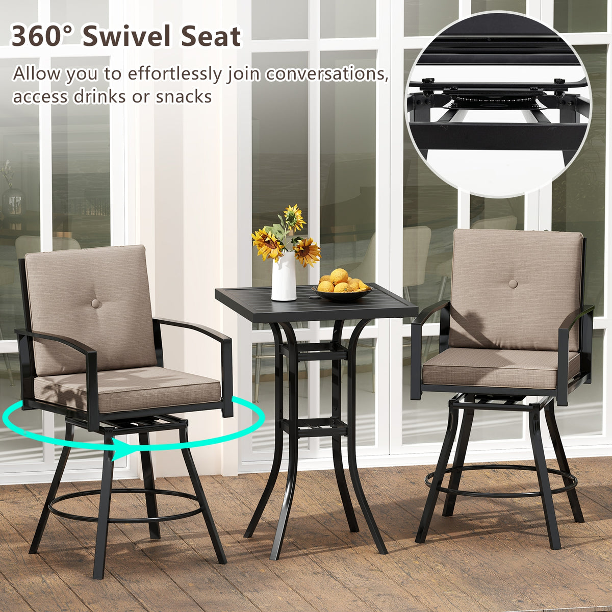 3 Piece Patio Swivel Bar Set, Soft Cushions, Umbrella Hole, Brown Patio Bar Furniture at Gallery Canada