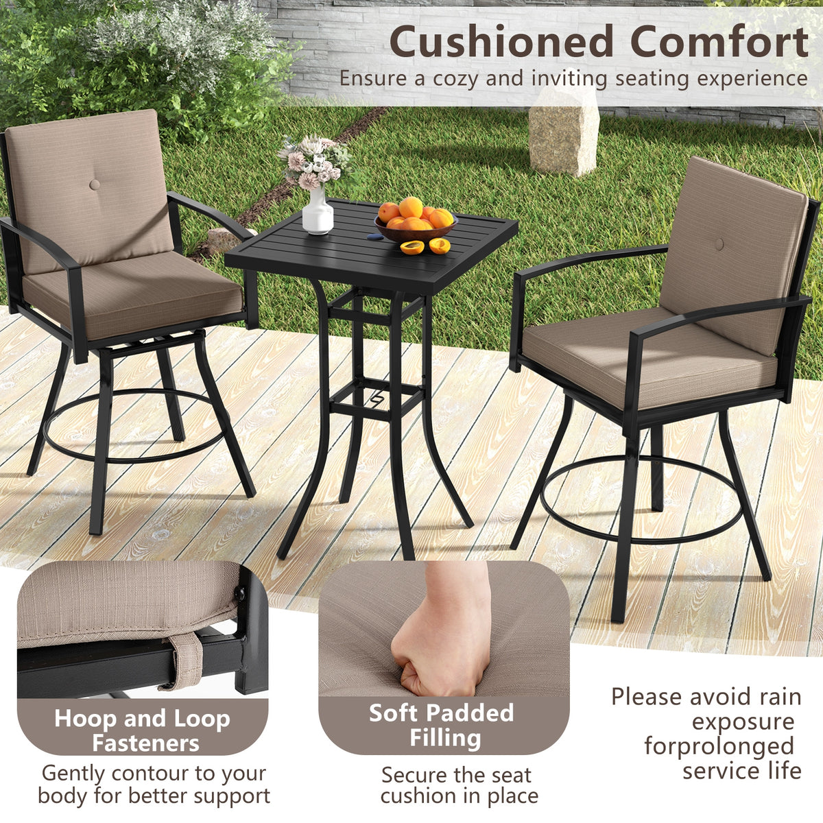 3 Piece Patio Swivel Bar Set, Soft Cushions, Umbrella Hole, Brown Patio Bar Furniture at Gallery Canada