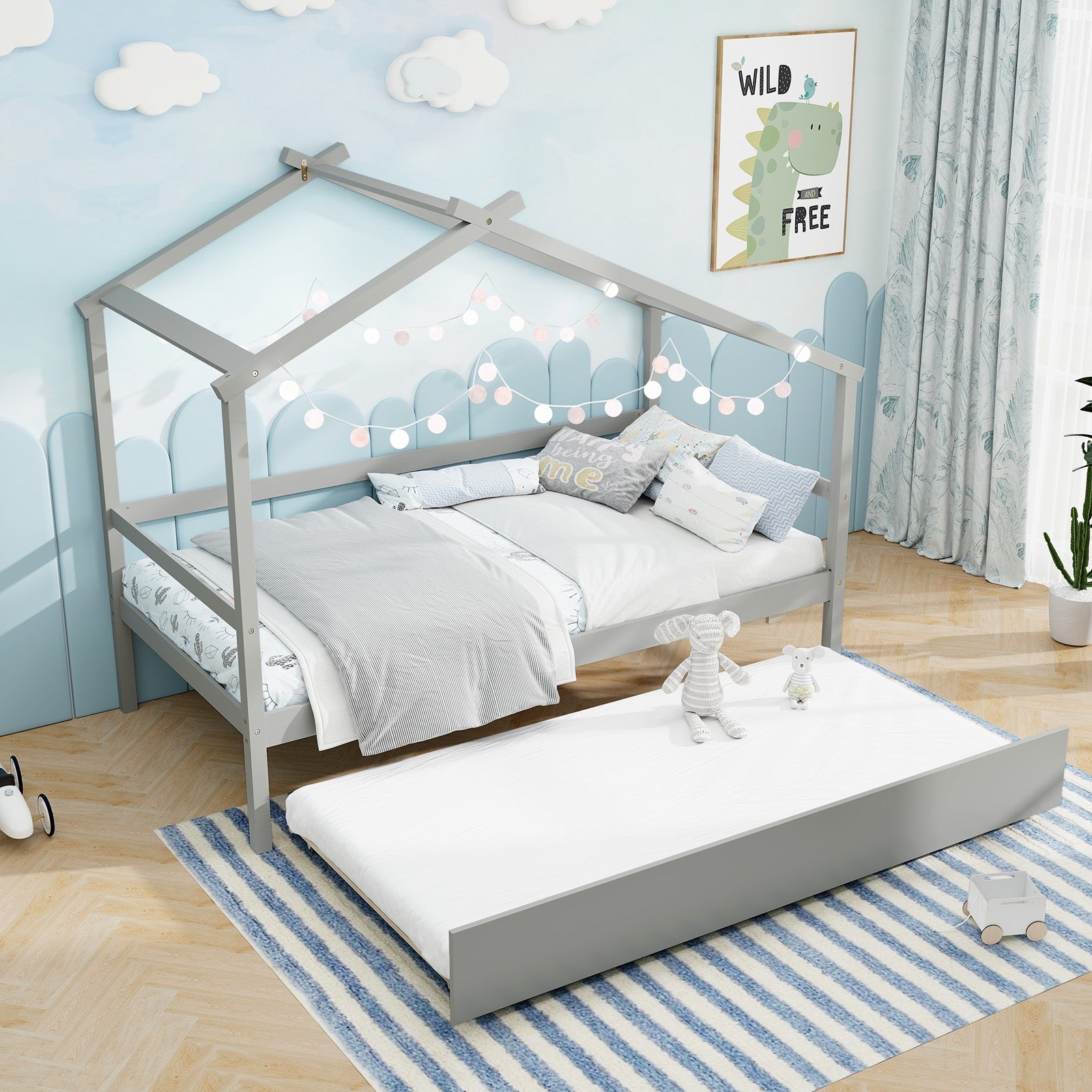Twin Size Kids House Bed With Trundle And Roof, Gray Trundle Bed Frame at Gallery Canada